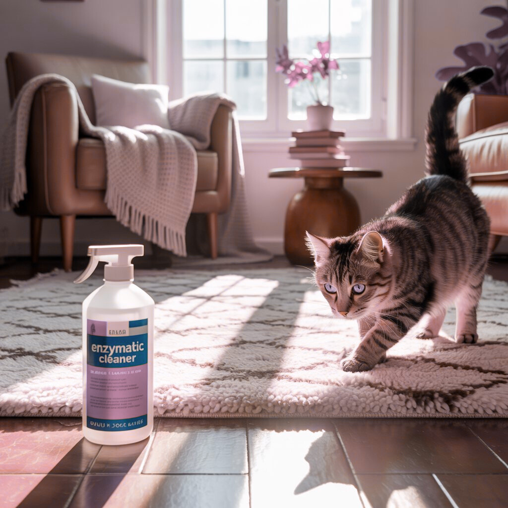 Tabby cat walkiing towards a spray bottle of bio-enzymatic solution that removes the cat urine odor.